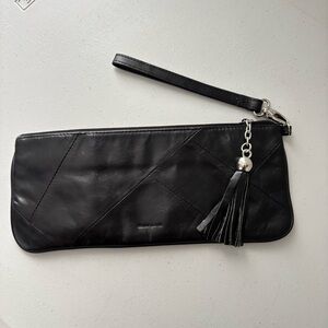 Black Leather Patchwork Edgy Street‎ Style Clutch Wallet Wristlet with Tassel